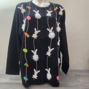 Quaker Factory Black Cardigan Sweater Size 1X Easter Bunny Embroidered Beaded
